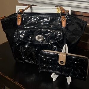 Coach Black Patent Tote with Brown Trim and Matching Wallet